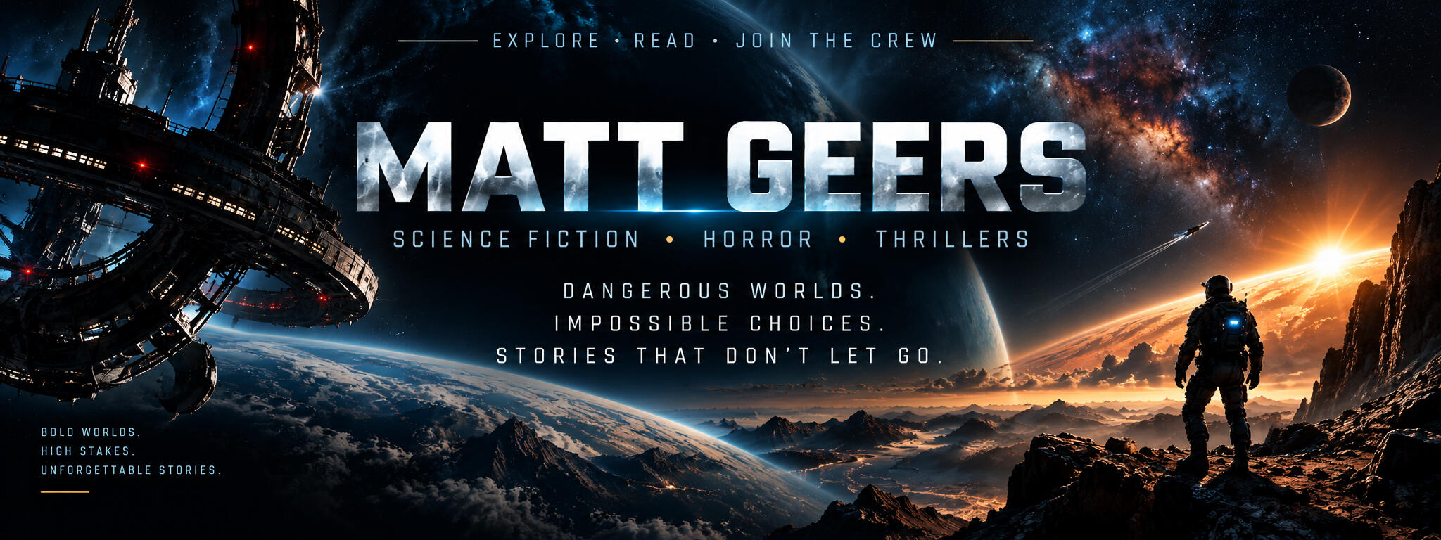 Matt J. Geers science fiction author banner Banner for sci-fi author Matt J. Geers featuring five book covers, a solar megastructure, spacecraft, and a lone figure overlooking Earth.