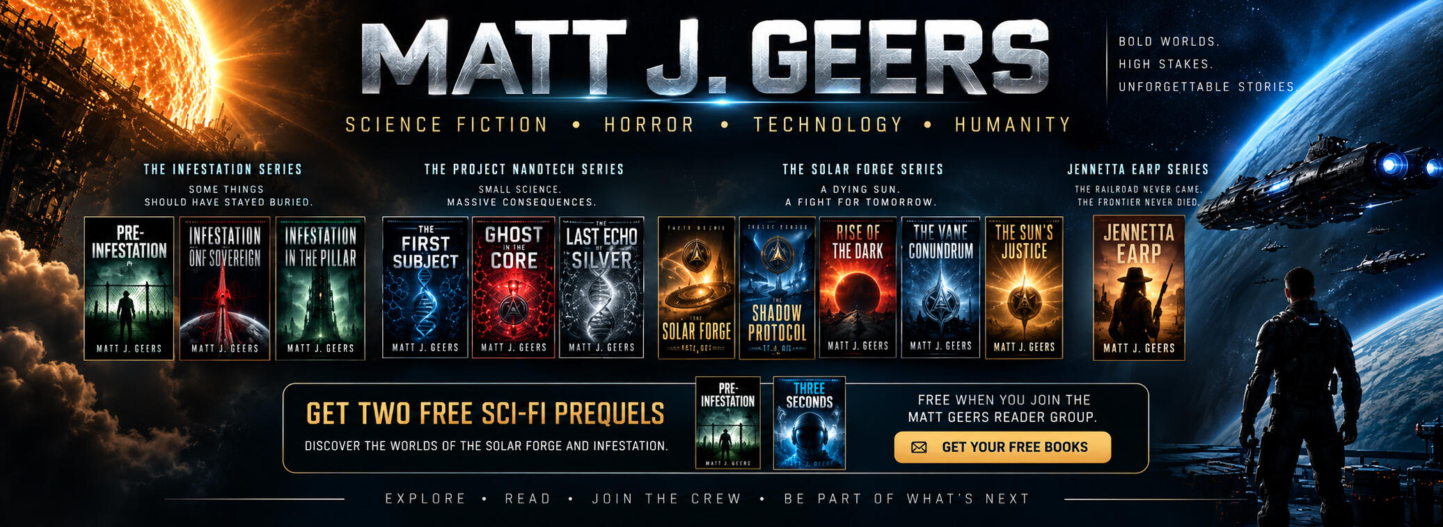 Matt J. Geers science fiction author banner Banner for sci-fi author Matt J. Geers featuring five book covers, a solar megastructure, spacecraft, and a lone figure overlooking Earth.